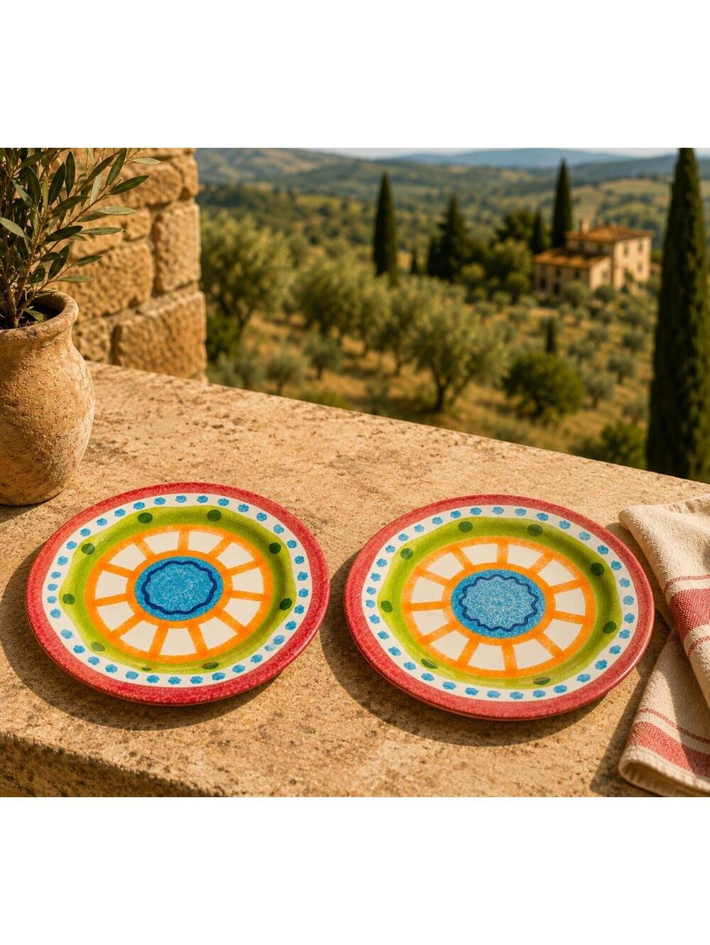 Italian 1990s Set of 2 Ceramiche Etrusche Geometric Multicolor Dinner Plates, 9”